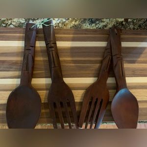 MCM Wooden Tiki Carved Large Spoon & Knife ( 13" Long) Set Of Two